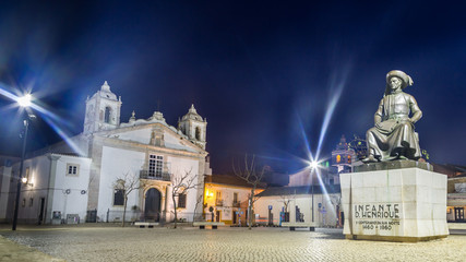 Night view town square of the ancient town center of Lagos, Algarve, Portugal