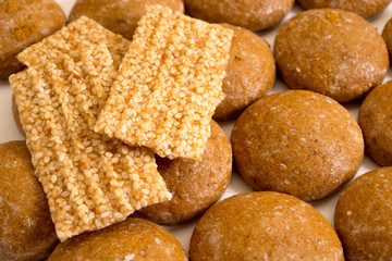 Biscuits and sweet bars with honey and sesame seeds