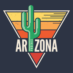 Arizona t-shirt design, print, typography, label with styled saguaro cactus.