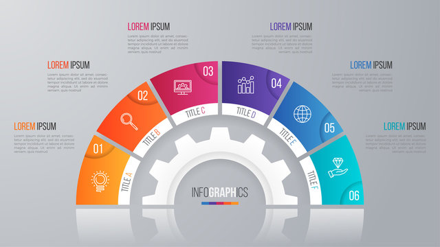 Vector circle chart template for infographics with 6 options.