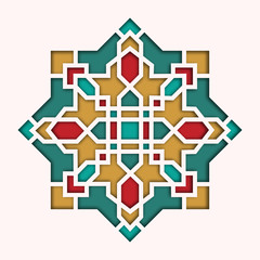 Obraz premium Arabesque pattern, vignette in eastern style, orient colorful stained-glass. Design for Eid Mubarak, decorative islamic tile of mosque 3d