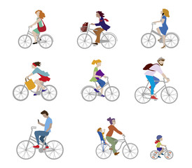 A vector illustration of adults and children ride bike on the street. People on bike in flat style isolated on white background. Character set.