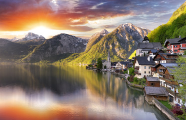 Austria landscape, Hallstatt Alp lake mountain at sunrise - obrazy, fototapety, plakaty