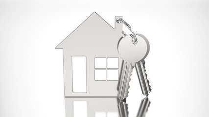 3D illustration gold key with keychain in the form of a small house