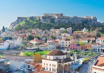 Foto op Plexiglas Skyline van Athene met Moanstiraki en de Akropolis-heuvel, Athene, Griekenland © neirfy