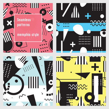 Set of seamless patterns in memphis style. Black and white geometric elements on colorful background.