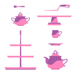 Set for a little princess vintage tea service. Vector illustration