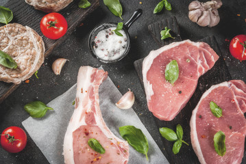 Raw organic meat. Selection of several types of red meat: pork cutlet on bone, pork steaks and chicken cutlets in grid of pork fat. With ingredients for cooking, gray stone table  top view