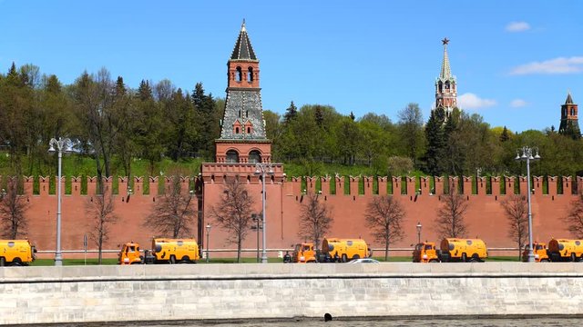 Moscow Russian Federation. The Moscow Kremlin orange sweepers go along the wall. UltraHD stock footage