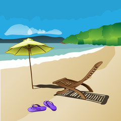  Beach, Sunshine, Sand, Waves, Deckchair, Sandals and Sunshade - Abstract Colorful Summer Holiday Concept 
