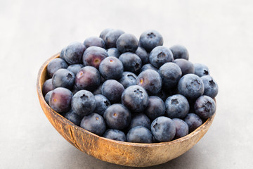 Fresh blueberries natural coconut in a bowl on a gray background.