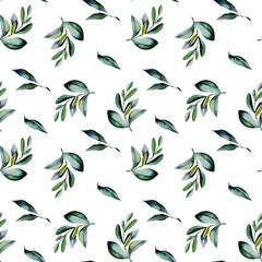 Seamless floral pattern with watercolor green laurel branches, hand drawn isolated on a white background
