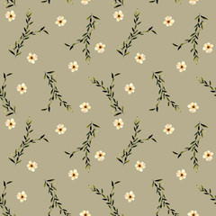 Seamless floral pattern with simple watercolor pink flowers and branches, hand drawn isolated on a brown background