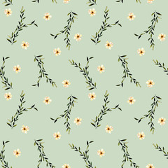Seamless floral pattern with simple watercolor pink flowers and branches, hand drawn isolated on a green background
