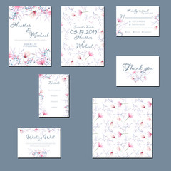 Template cards set with watercolor tender pink and blue flowers and plants; wedding design for invitation, Save the date card, RSVP, Thank you card, Wishing Well card,  for anniversary day
