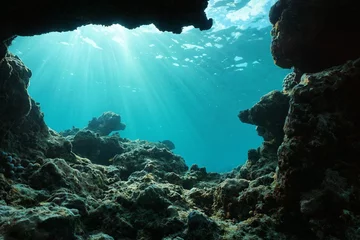 Unterwasser-Sonnenlicht durch die Wasseroberfläche aus einem Loch in einem felsigen Meeresboden, natürliche Szene, Pazifischer Ozean, äußeres Riff von Huahine, Französisch-Polynesien © dam
