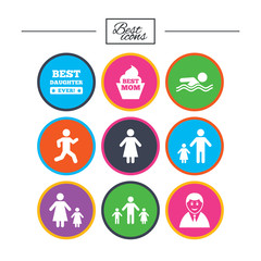 People, family icons. Swimming, person signs.