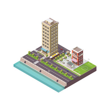 Megapolis 3d isometric three-dimensional view of the city. Collection of houses, skyscrapers, buildings, built and supermarkets with streets and traffic. The stock 