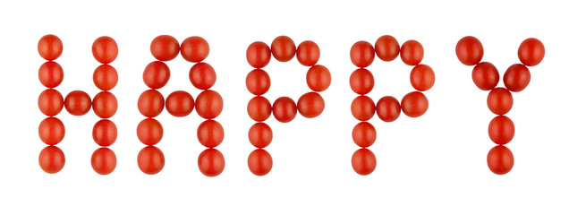 The word HAPPY made from red tomatoes on the white background