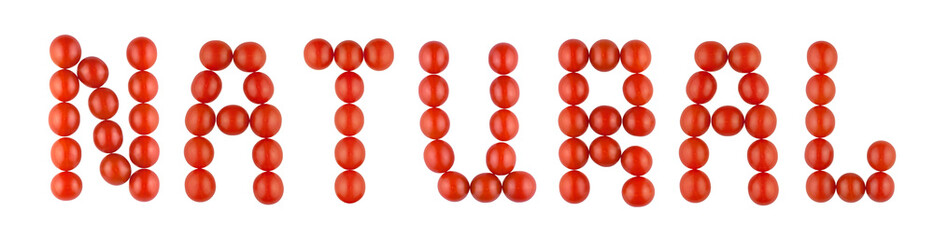 The word NATURAL made from red tomatoes on the white background