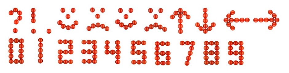 the digits, signs, arrows and smiles  made from red tomatoes