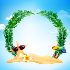Starfish flower palm leaf sand with copyspace and summer beach element over cloud and blue sky background vector illustration