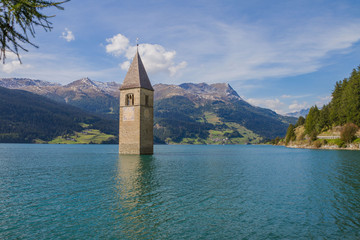 Sunken Church Tower In The Lake Lago di Resia Italy