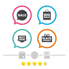 Sale speech bubble icons. Buy now arrow symbol.