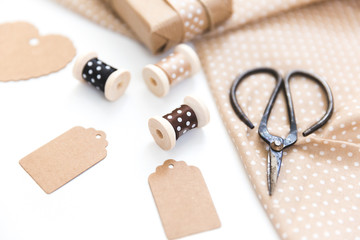 Set of objects lfor decorations. background for ad or packaging crafts concept. Top view. Flat lay composition.