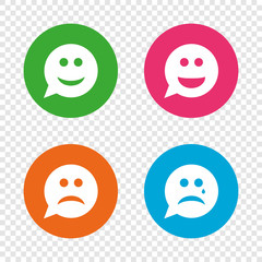 Speech bubble smile face icons. Happy, sad, cry.