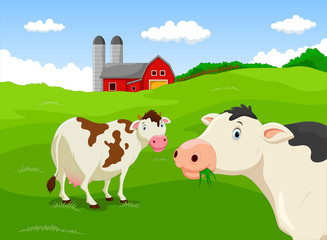 Cartoon cow with farm background