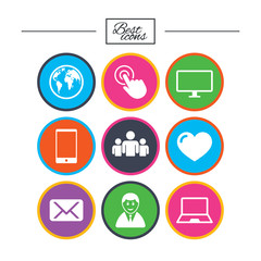 Web, mobile devices icons. Share, mail signs.