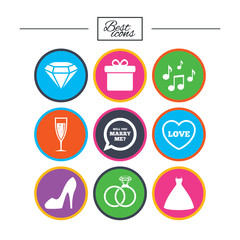 Wedding, engagement icons. Rings, gift box.