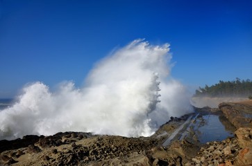 Spray From Huge Waves At Shore Acres State Park, Oregon