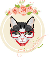 Decorative frame with pink roses and portrait of a funny cat with red glasses