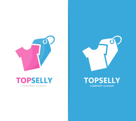 Vector of cloth and tag logo combination. Shirt and shop symbol or icon. Unique garment and label logotype design template.