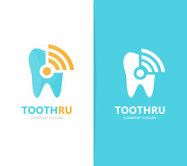 Vector of tooth and wifi logo combination. Dental and signal symbol or icon. Unique clinic and radio, internet logotype design template.