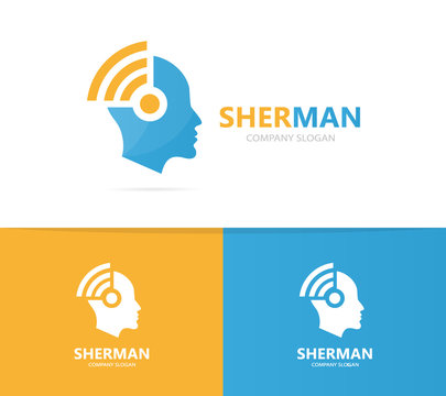 Vector of man and wifi logo combination. Face and signal symbol or icon. Unique human and radio, internet logotype design template.