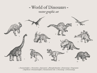 Dinos vintage vector drawings set with sign World of Dinosaurs