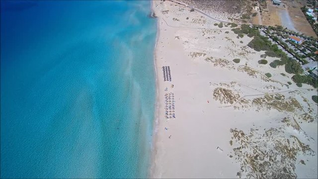 Drone flight over the beautiful Simos Beach on the Island of Elafonisos,  close to south Peloponess in Greece.