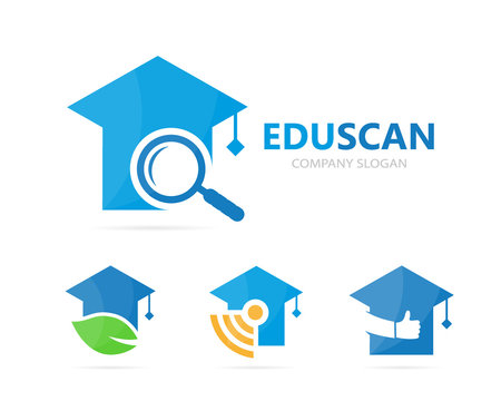 Vector of graduate hat and loupe logo combination. Study and magnifying glass symbol or icon. Unique college and search logotype design template.