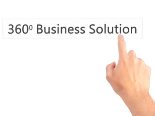 360 Business Solution - Hand pressing a button on blurred background concept on visual screen.