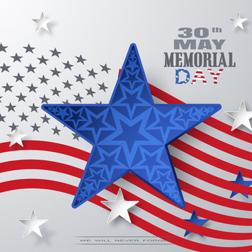 Vector poster of Memorial Day with big blue star cut from paper with pattern and shadow on the gradient gray background with star shapes cut from paper and american flag silhouette.