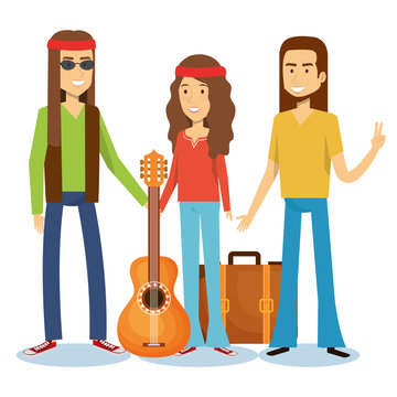 Hippie men with guitar and girl with suitcase over white background. Vector illustration.