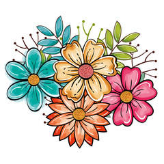 Bouquet of colorful flowers with branches and leaves over white background. Vector illustration, 