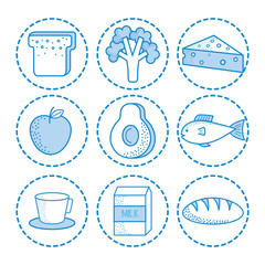 Set of hand drawn healthy food stickers over white background. Vector illustration.