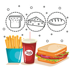 Cheese, coffee and chicken thigh with hand drawn food stickers over white background. Vector illustration.
