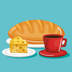 Cheese and bread loaf with hand drawn food stickers over white background. Vector illustration.