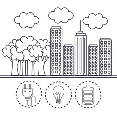 Hand drawn city with trees and eco friendly object stickers over white background. Vector illustration.