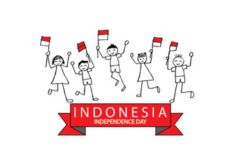 Hand drawing boy and girl holding flag. Independence day of Indonesia.